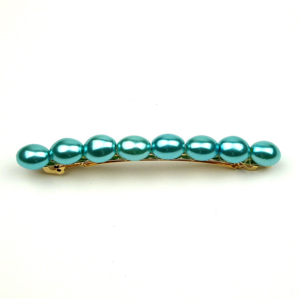 Barrette cheveux 8cm, perles ovales nacrées turquoise