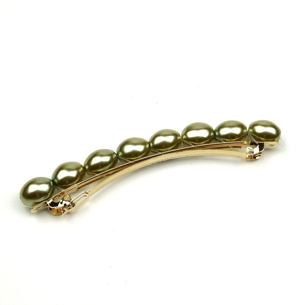 Barrette cheveux 8cm, perles ovales nacrées vert cheveux fins
