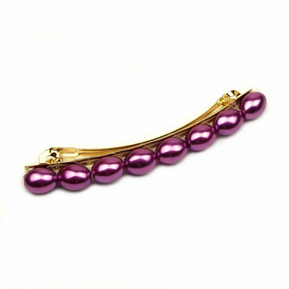 Barrette cheveux 8cm, perles ovales nacrées violet cheveux fins