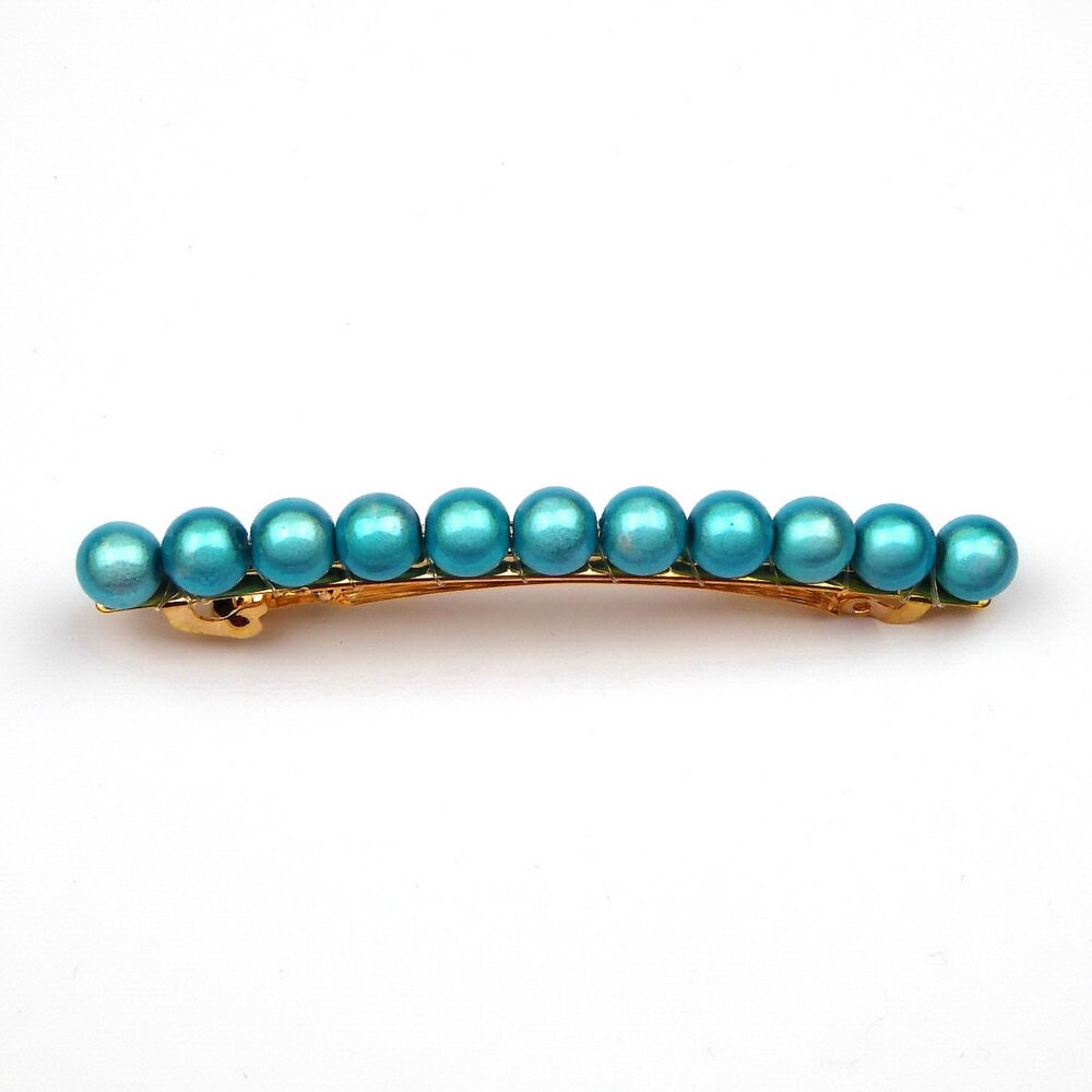 Barrette cheveux 8cm, perles translucides bleu turquoise, cheveux fin