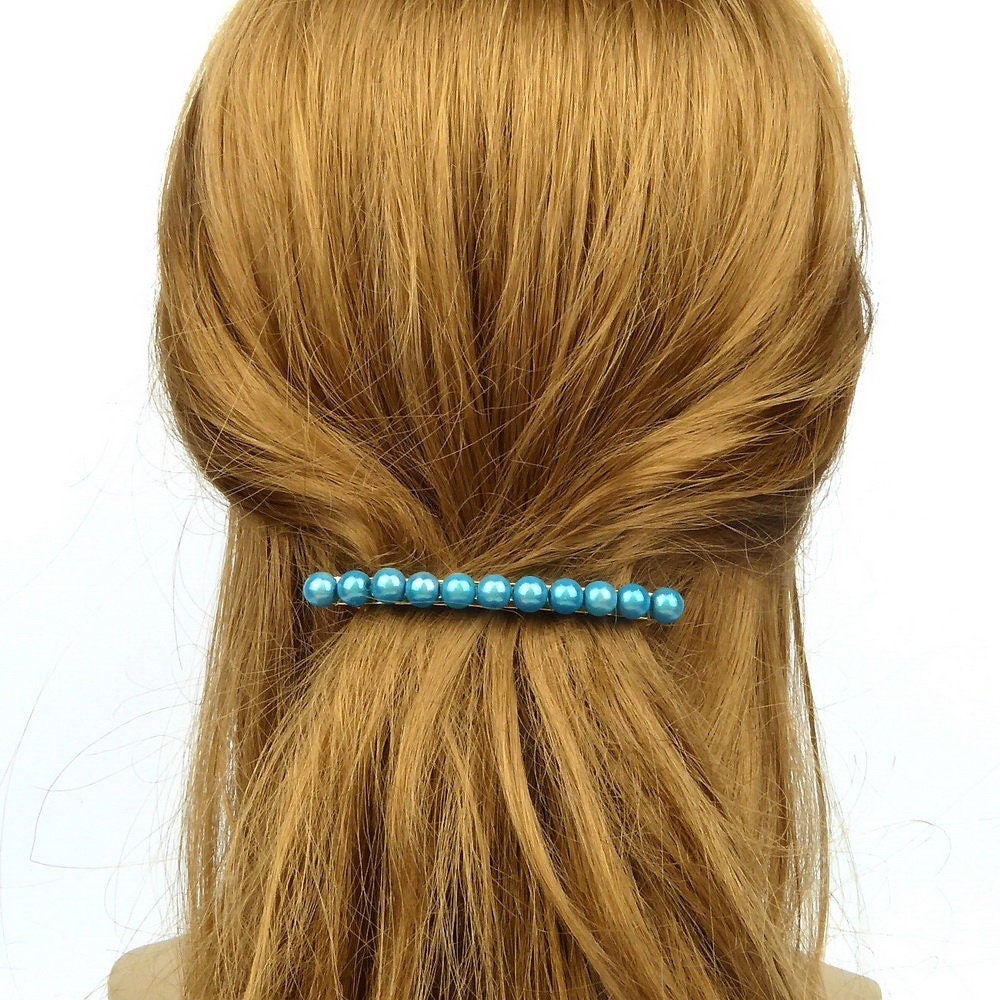 Barrette cheveux 8cm, perles translucides bleu, cheveux fin