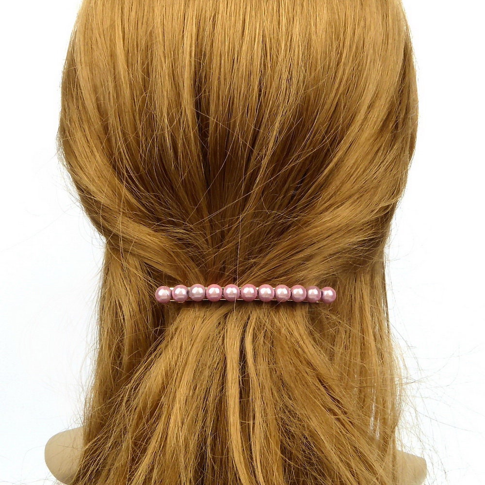 Barrette cheveux 8cm, perles translucides rose, cheveux fin