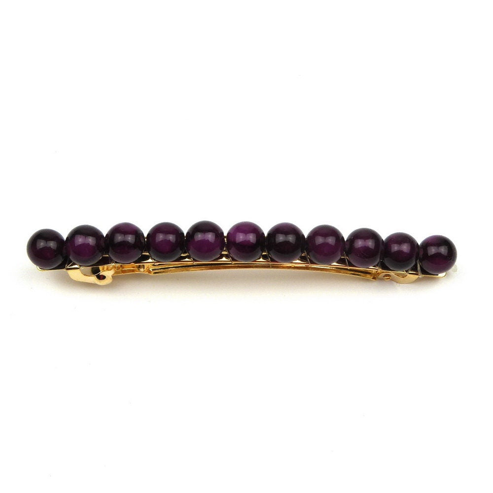 Barrette cheveux 8cm, perles 8mm violet