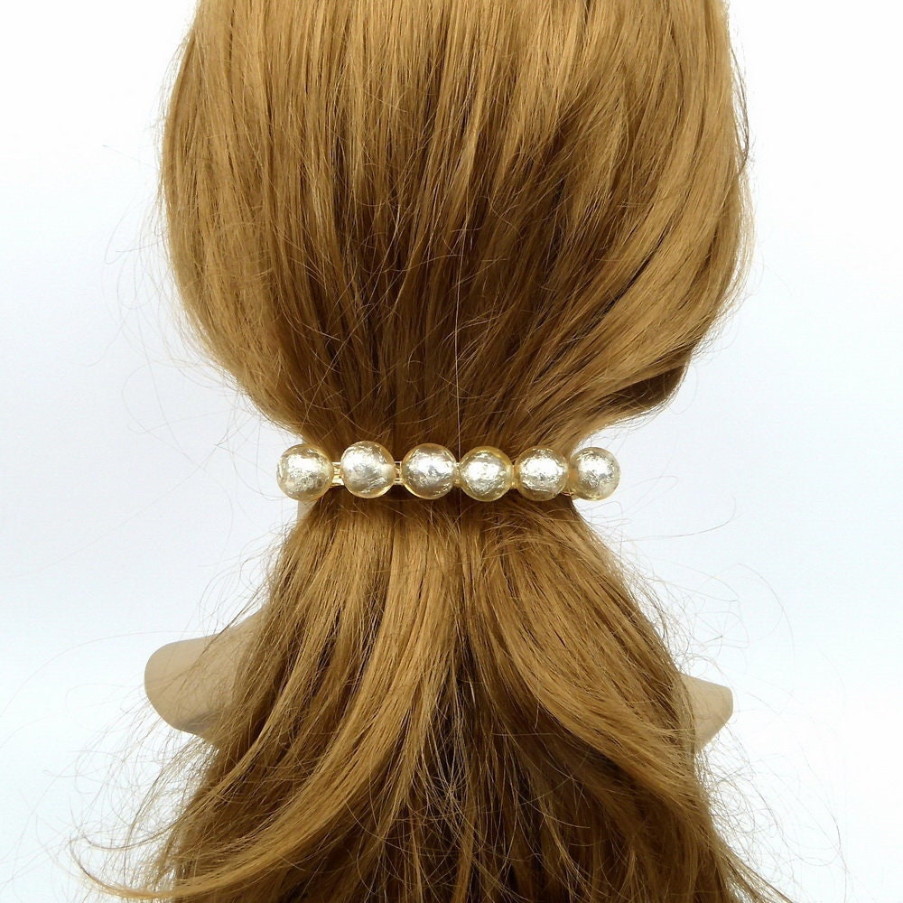 Grande barrette cheveux 9,5cm grosse perle dorée translucide lumineuse