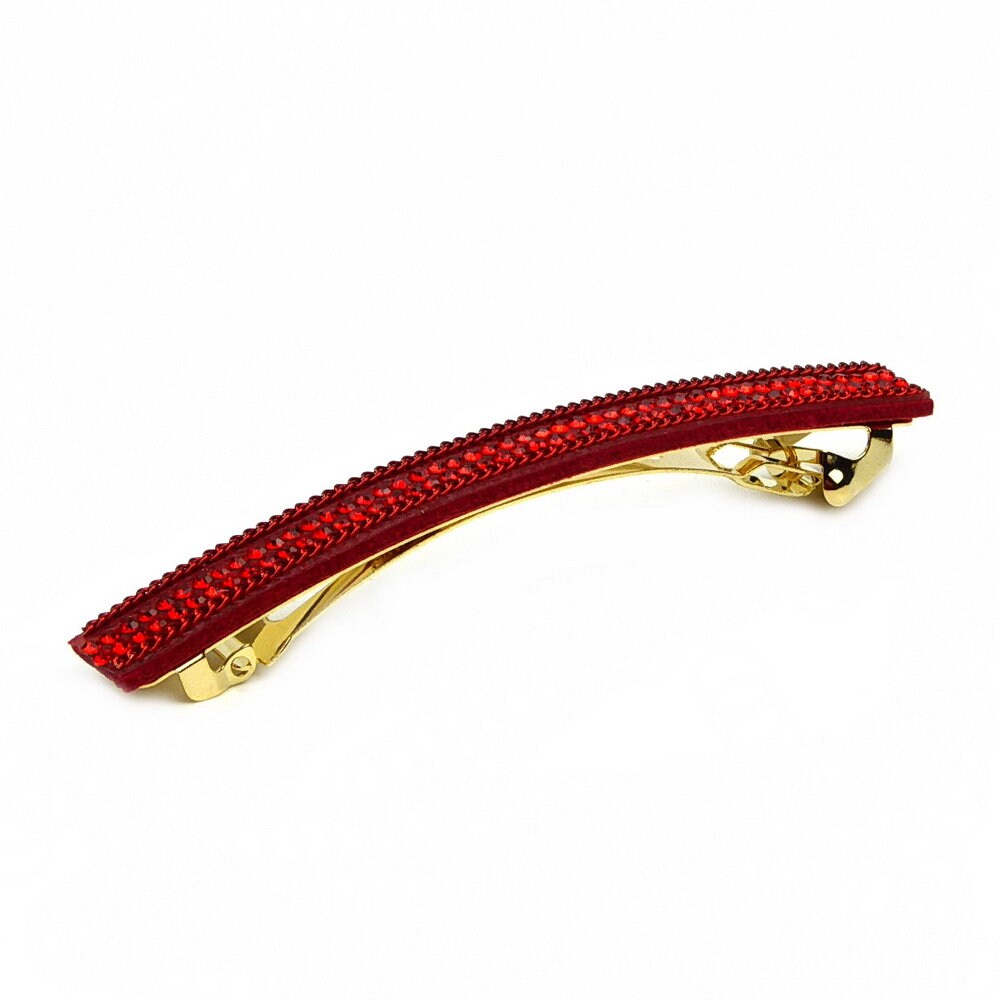 Barrette cheveux longue 9,5cm velours suédine rouge avec chaîne et strass