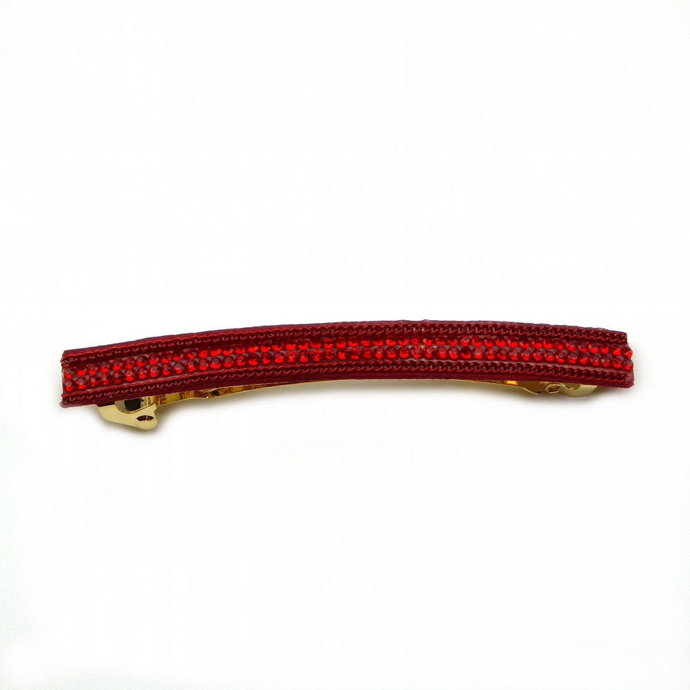 Barrette cheveux longue 9,5cm velours suédine rouge avec chaîne et strass