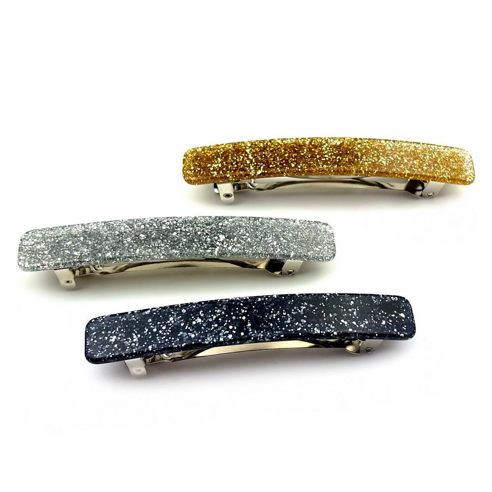 Barrette cheveux 9cm acétate paillette, or-argent-gris