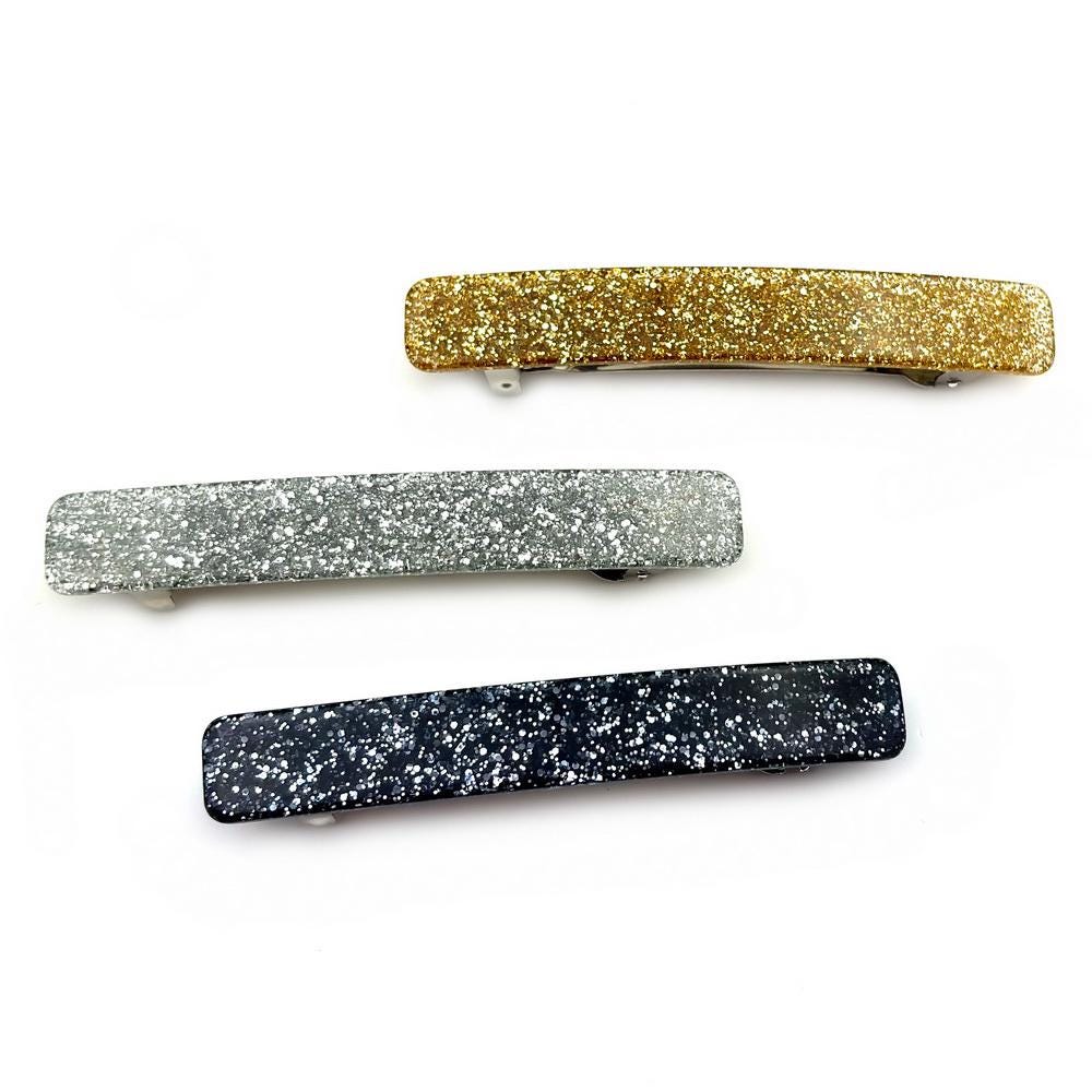 Barrette cheveux 9cm acétate fait main paillette gris-argent-or