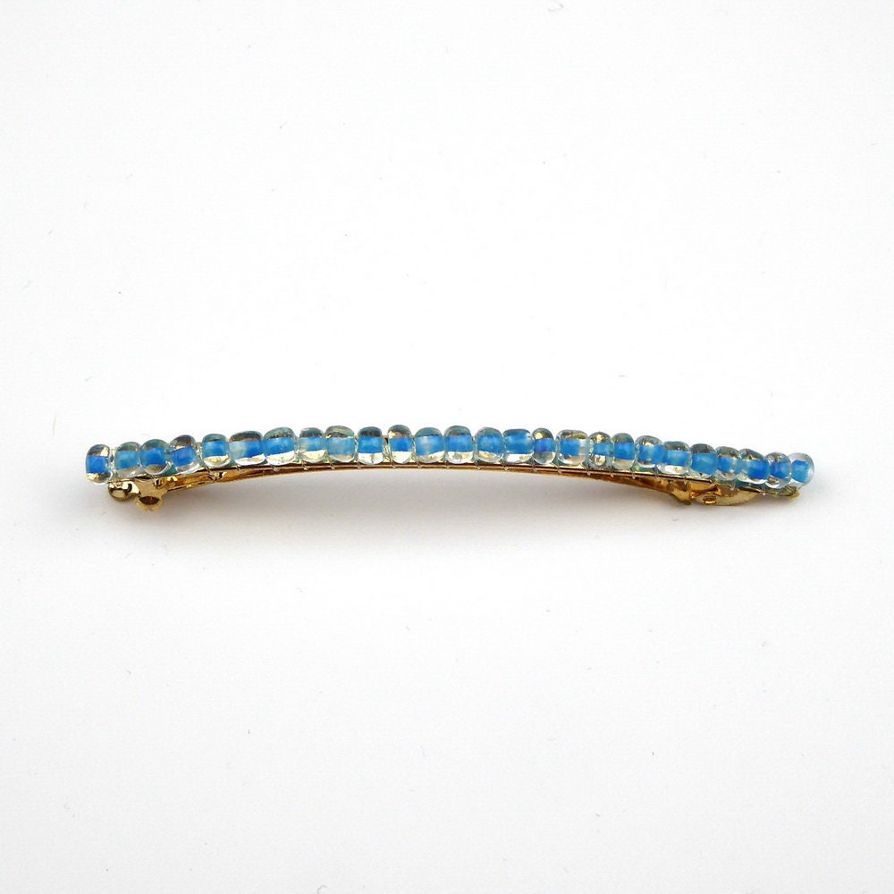 Barrette cheveux fine 8cm, perles de rocaille bleu