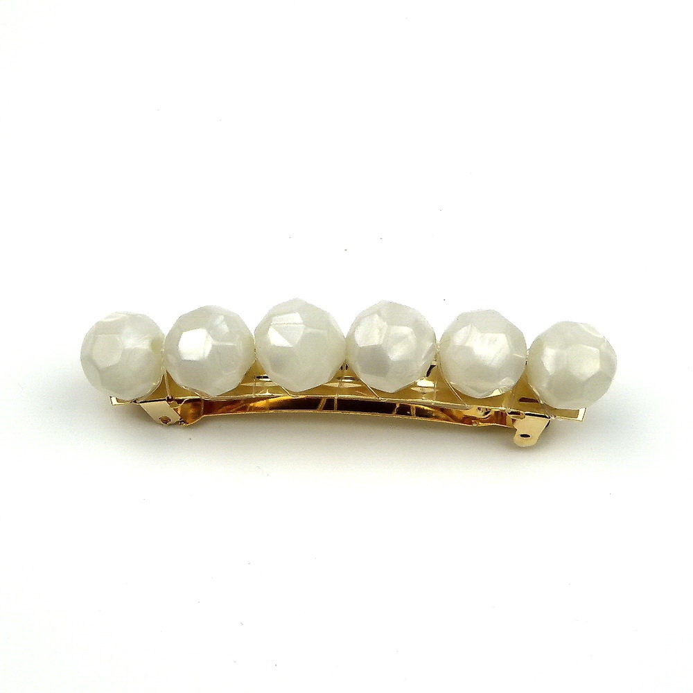 Barrette cheveux grosse perle facette 8cm blanc nacre