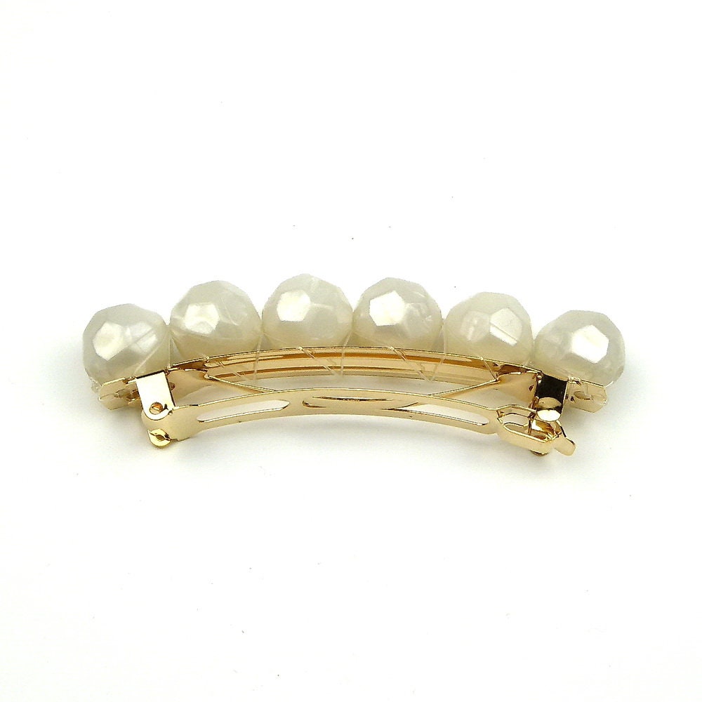 Barrette cheveux grosse perle facette 8cm blanc nacre fait main