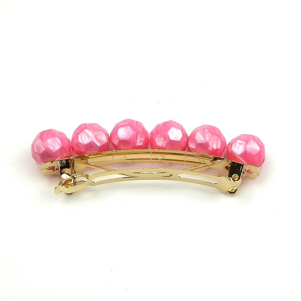Barrette cheveux grosse perle facette 8cm rose, monture doré