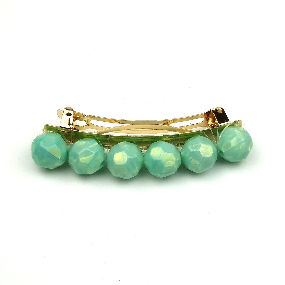 Barrette cheveux grosse perle facette 8cm vert fait main