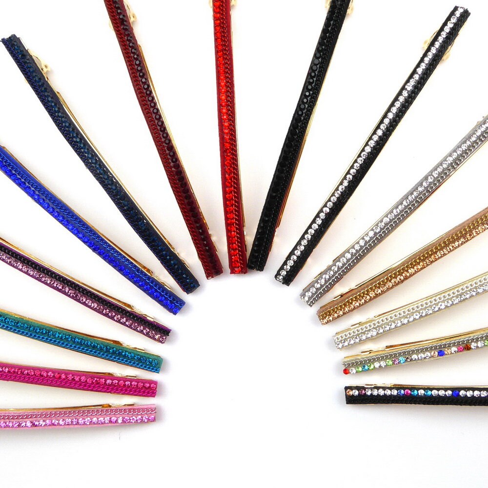 Barrette cheveux longue 10cm avec chaine strass, nombreux coloris