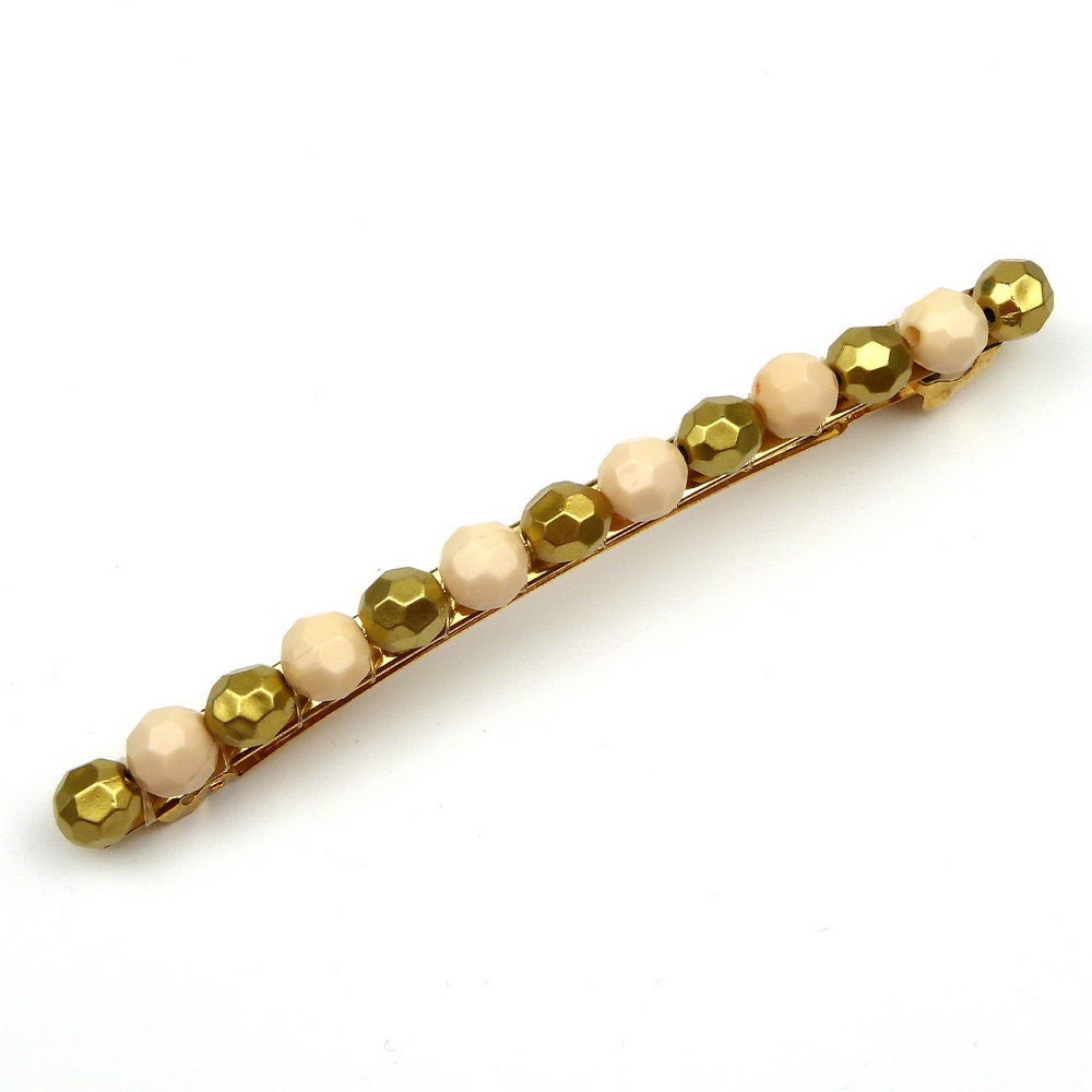 Barrette cheveux longue 10cm perle facette doré beige