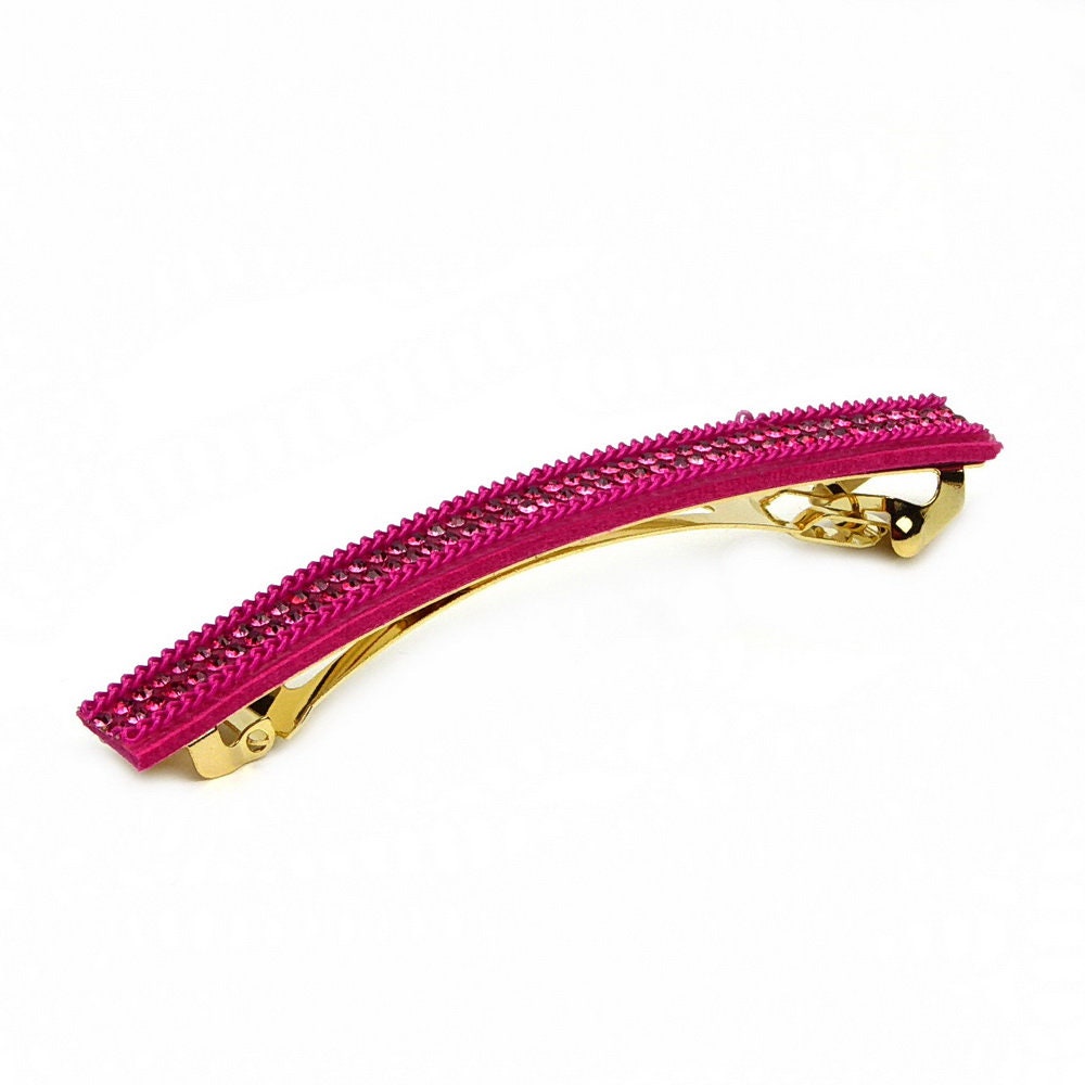 Barrette cheveux longue 9,5cm velours suédine fuschia avec chaîne et strass