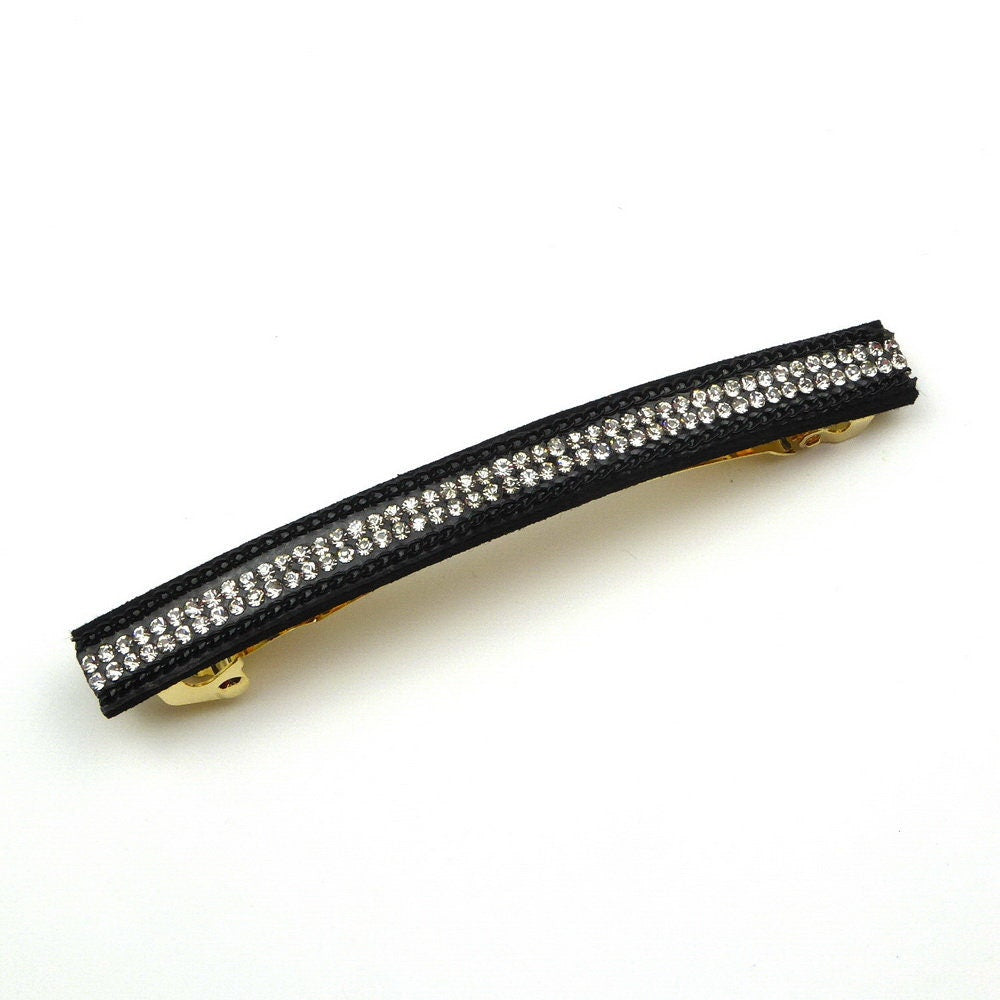 Barrette cheveux longue 9,5cm velours suédine noir avec chaîne et strass cristal