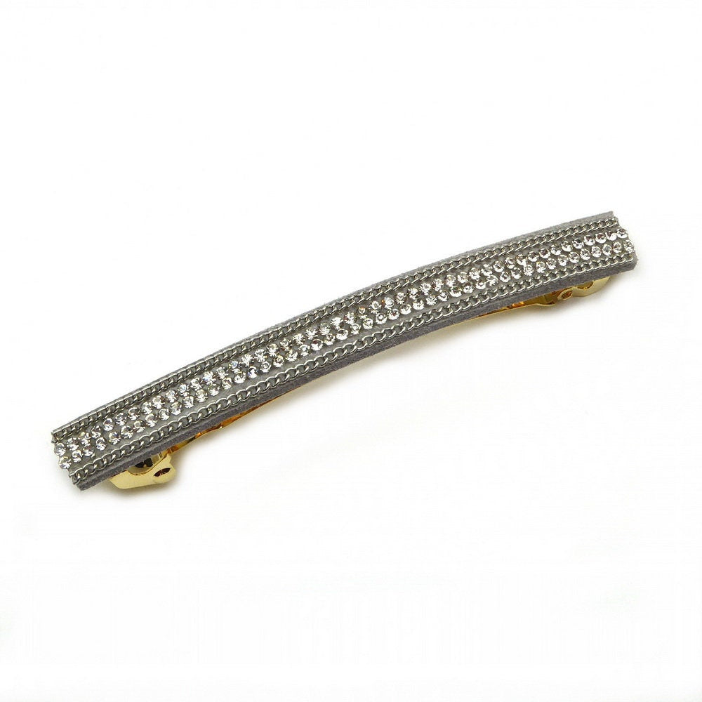 Barrette cheveux longue 9,5cm velours suédine avec chaîne et strass gris