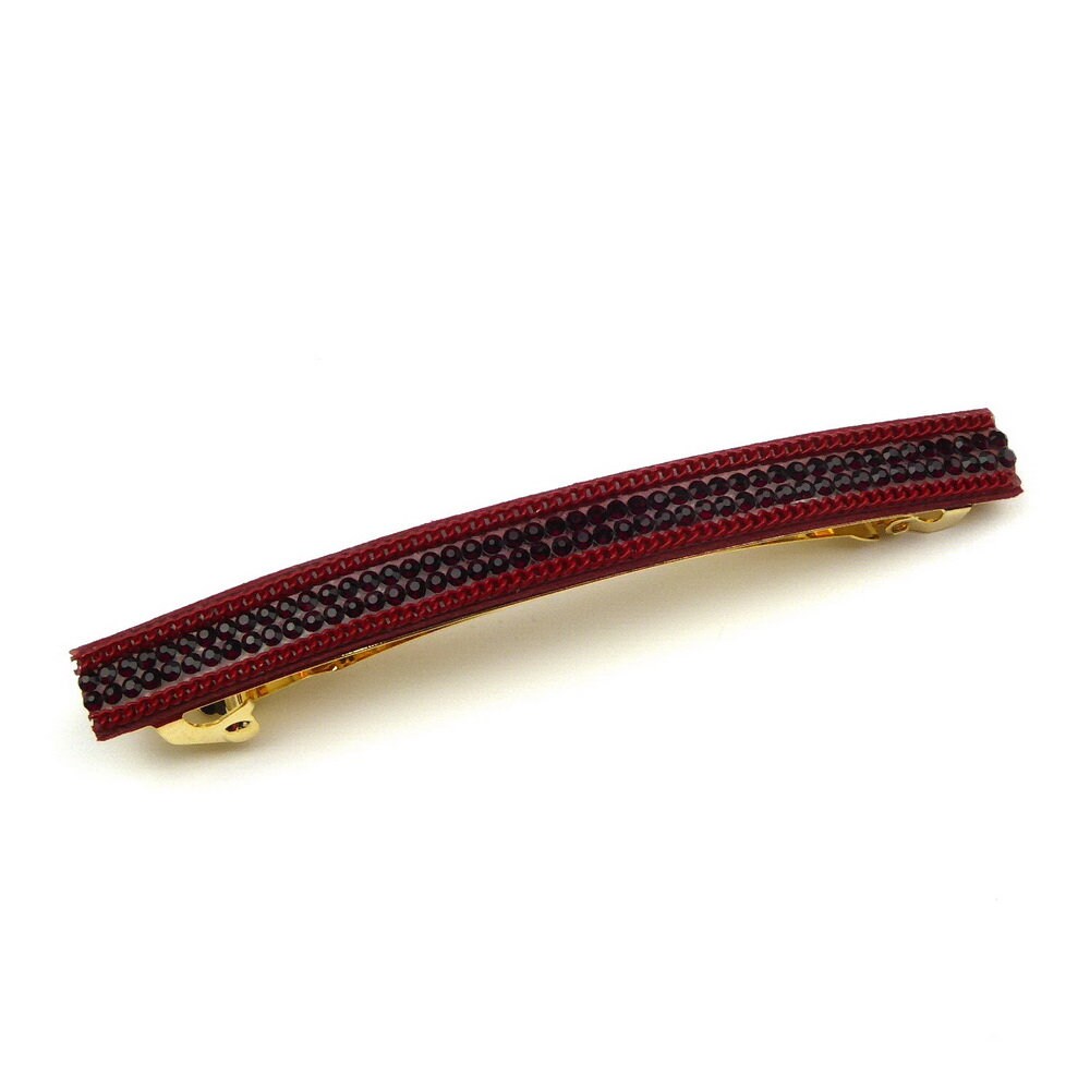 Barrette cheveux longue 9,5cm velours suédine avec chaîne et strass rouge