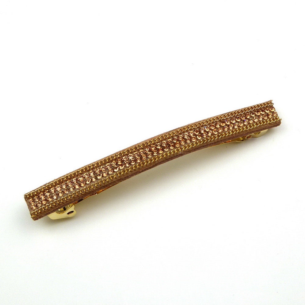 Barrette cheveux longue 9,5cm velours suédine avec chaîne et strass caramel