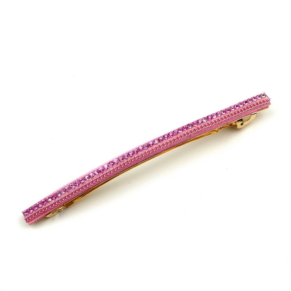 Barrette cheveux longue rose 10cm avec chaine strass
