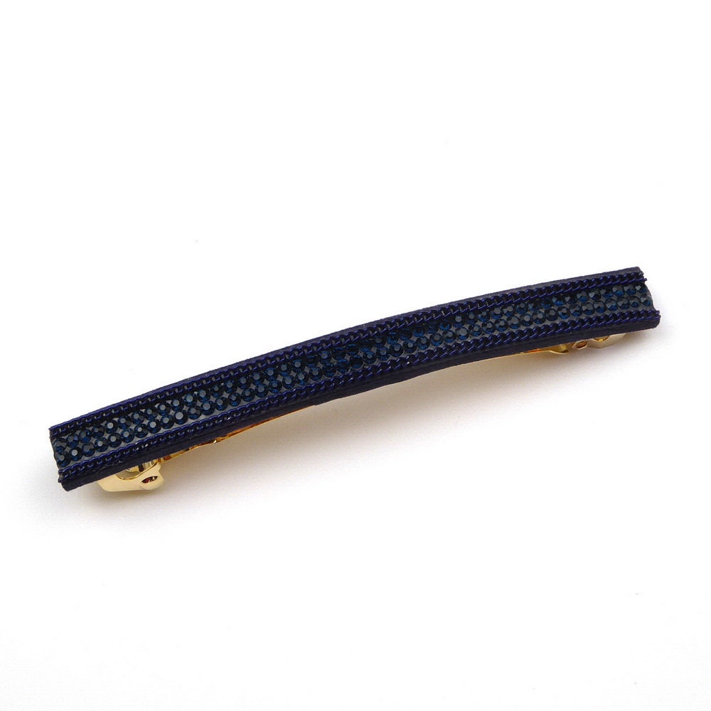 Barrette cheveux longue 9,5cm velours suédine avec chaîne et strass bleu marine