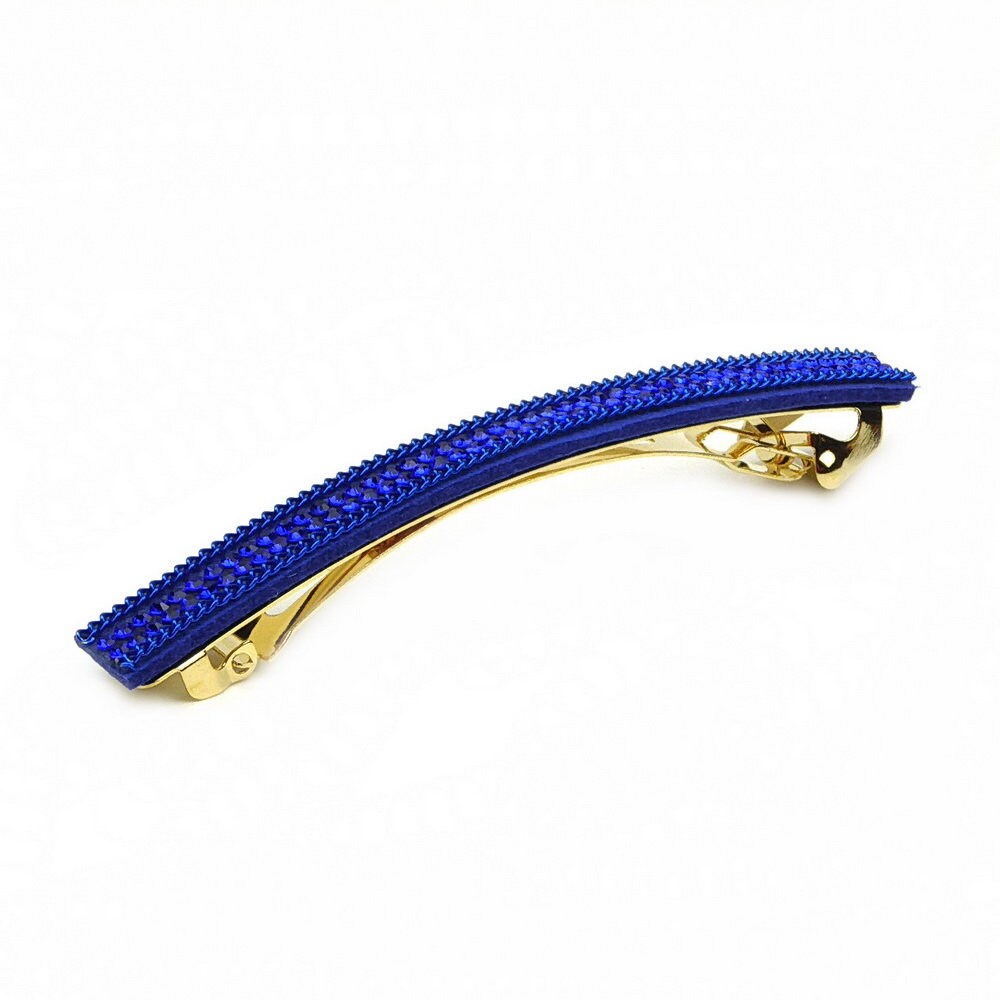 Barrette cheveux longue 9,5cm velours suédine bleu avec chaîne et strass