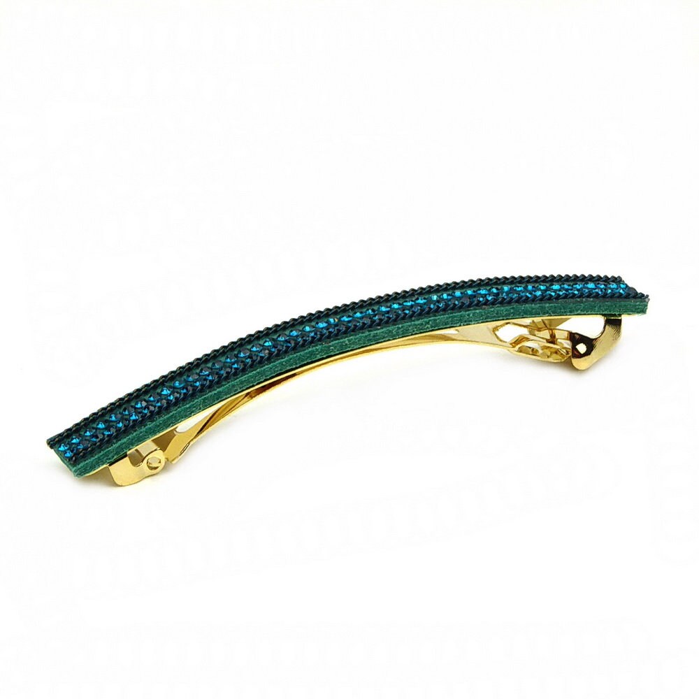 Barrette cheveux longue 9,5cm velours suédine bleu vert avec chaîne et strass