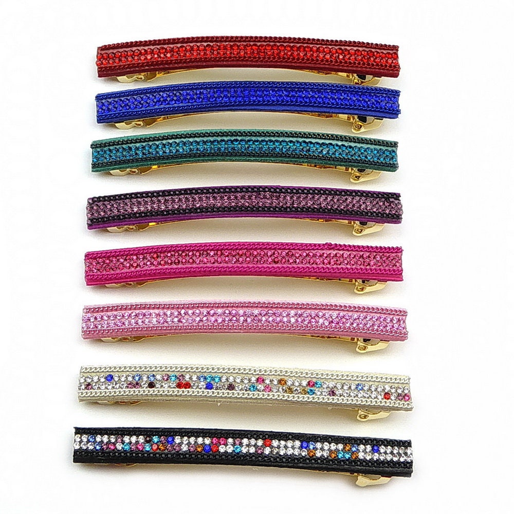 Barrette cheveux longue 9,5cm velours suédine avec chaîne et strass