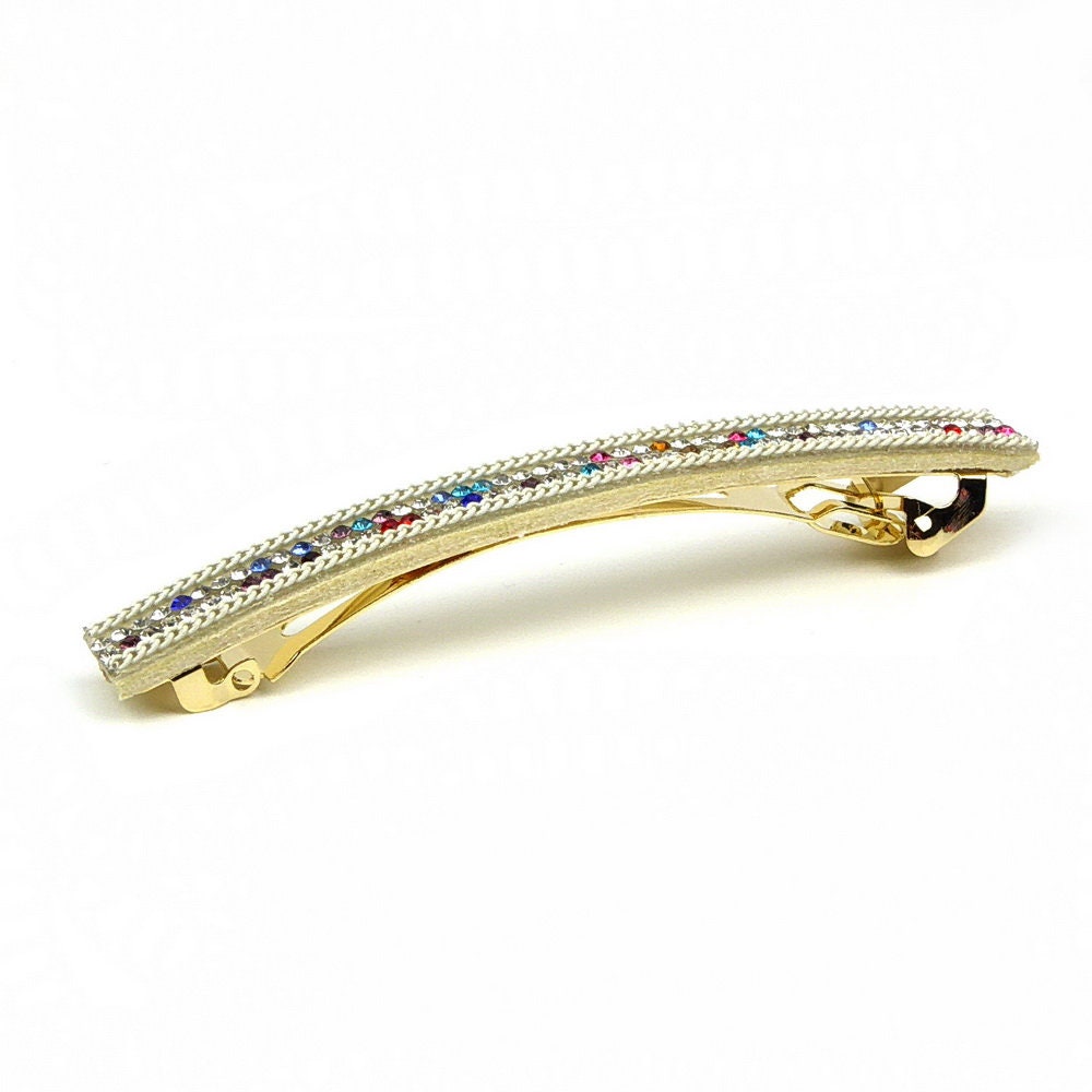 Barrette cheveux longue 9,5cm velours suédine ivoire avec chaîne et strass multicolore