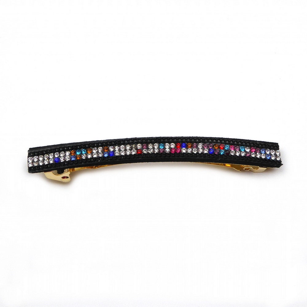Barrette cheveux longue 9,5cm velours suédine noir avec chaîne et strass multicolore