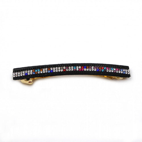 Barrette cheveux longue 9,5cm velours suédine noir avec chaîne et strass multicolore