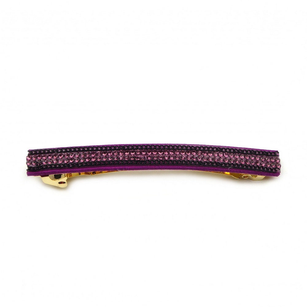 Barrette cheveux longue 9,5cm velours suédine violet avec chaîne et strass