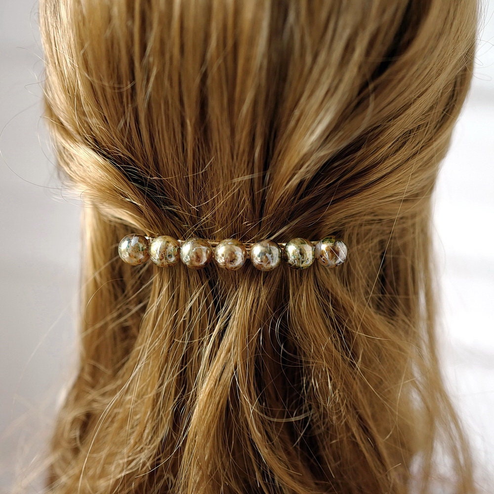 Barrette cheveux 8.5cm perle marbré doré