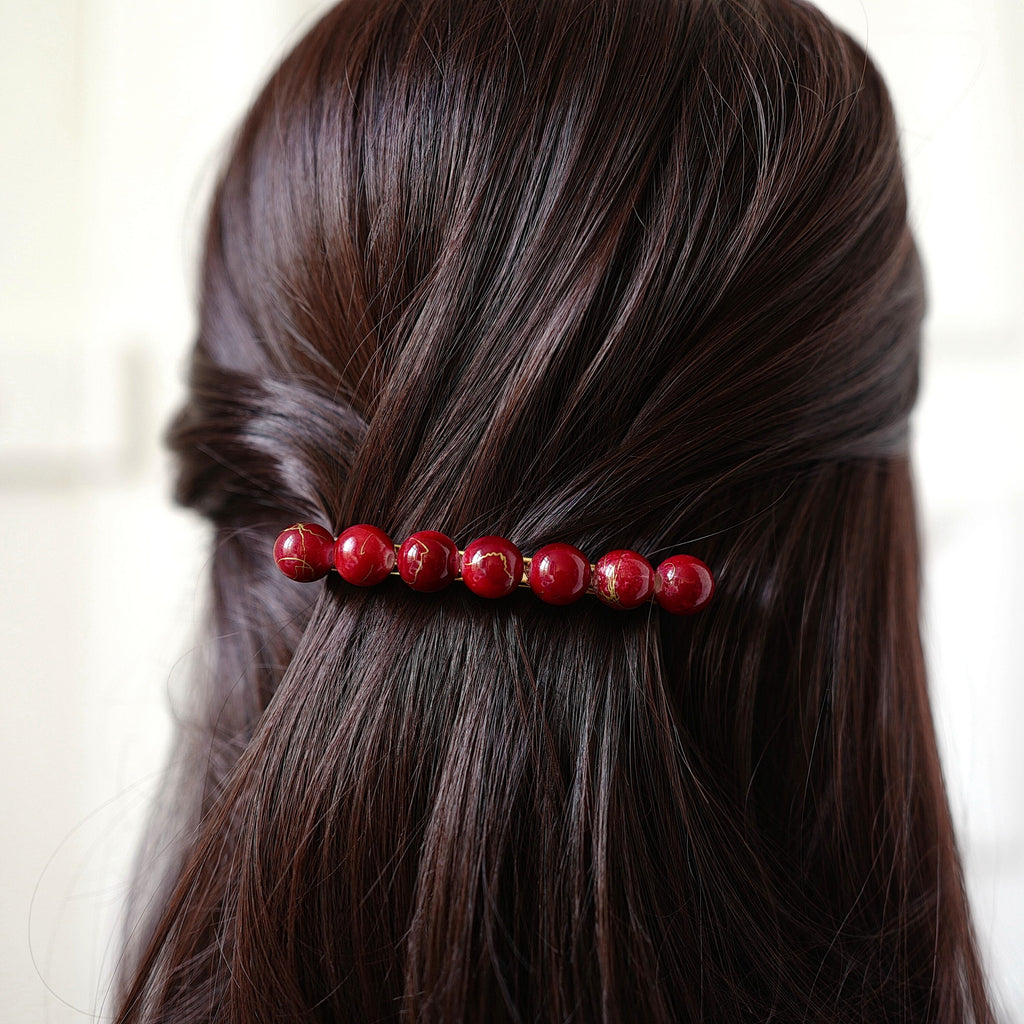 Barrette cheveux 8.5cm perle marbrée rouge