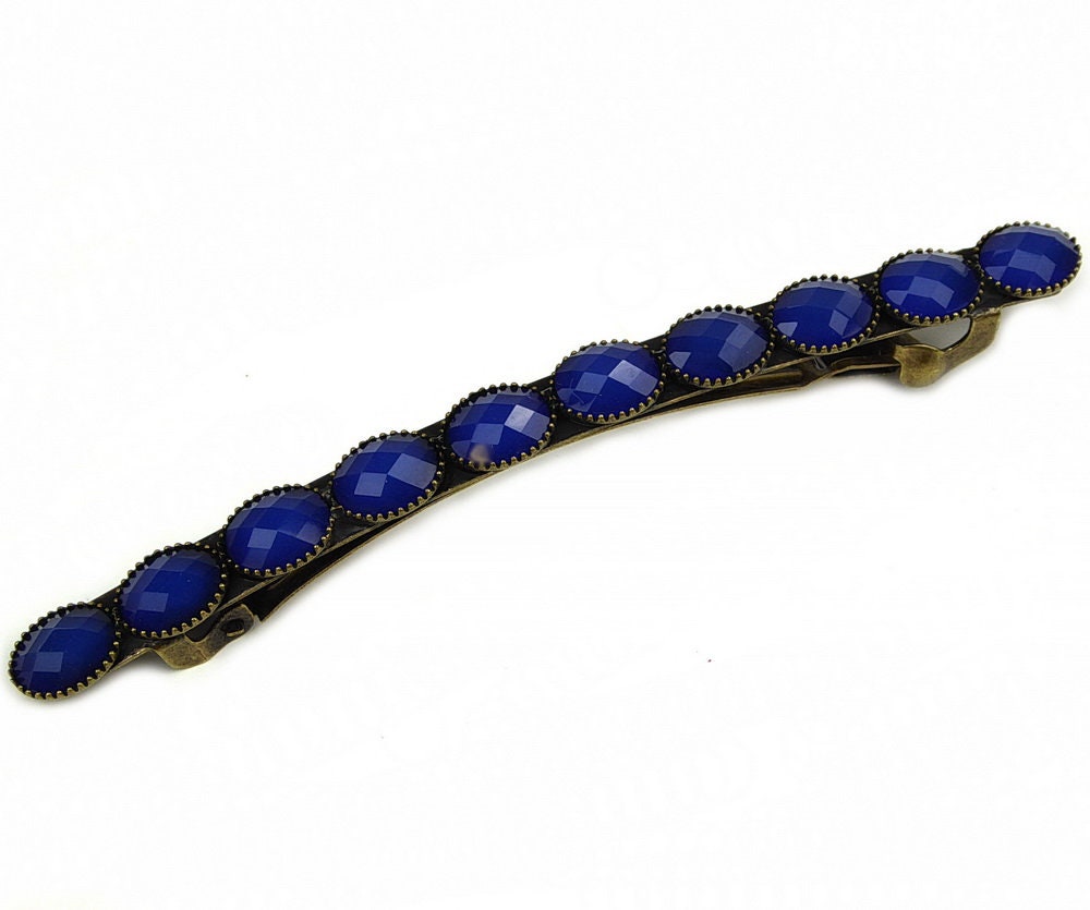 Barrette cheveux avec perles à facette vintage bleu 9cm