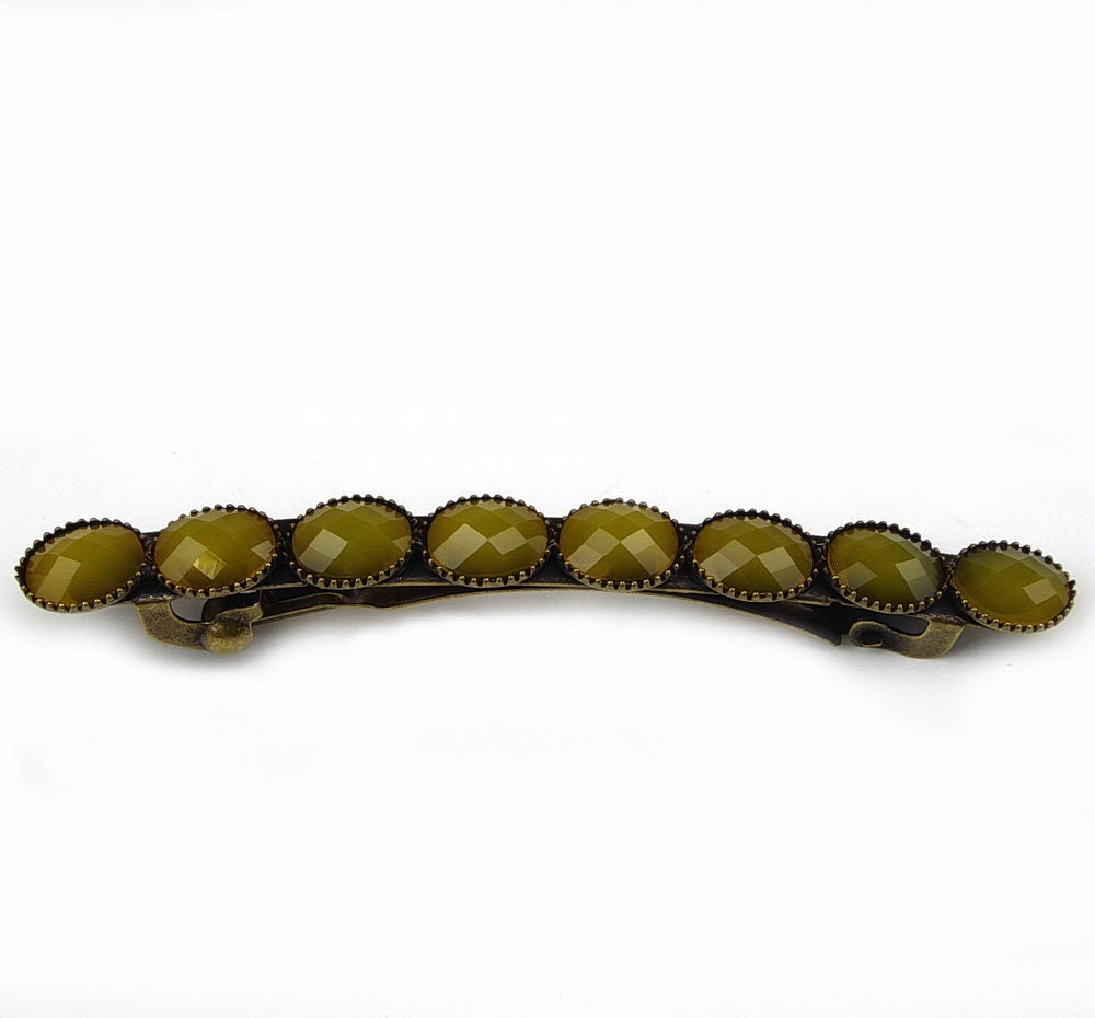 Barrette cheveux avec perles à facette vintage moutarde 7cm