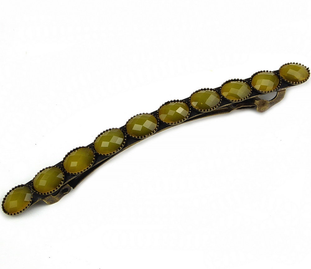 Barrette cheveux avec perles à facette vintage moutarde 9cm