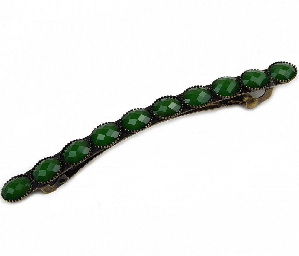 Barrette cheveux avec perles à facette vintage vert 9cm