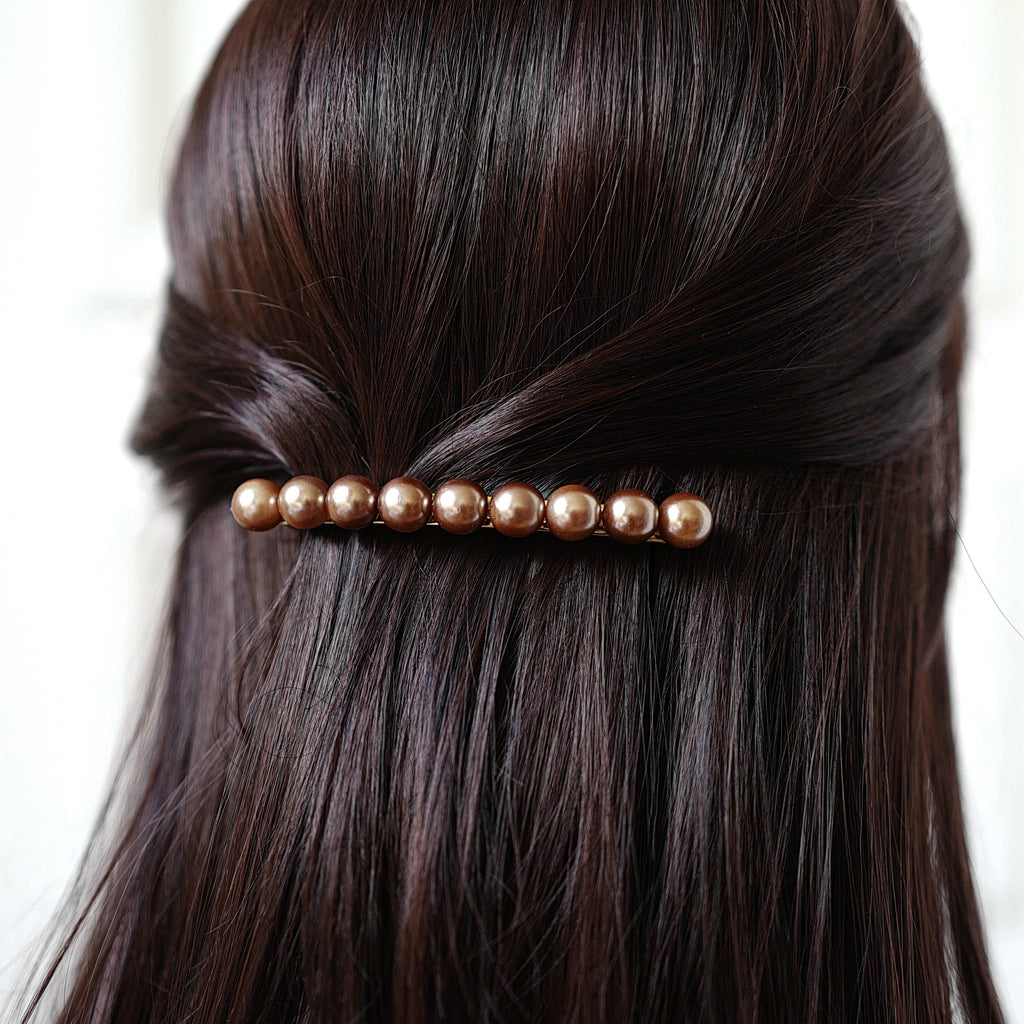 Barrette cheveux 8.5cm perles nacrées marron
