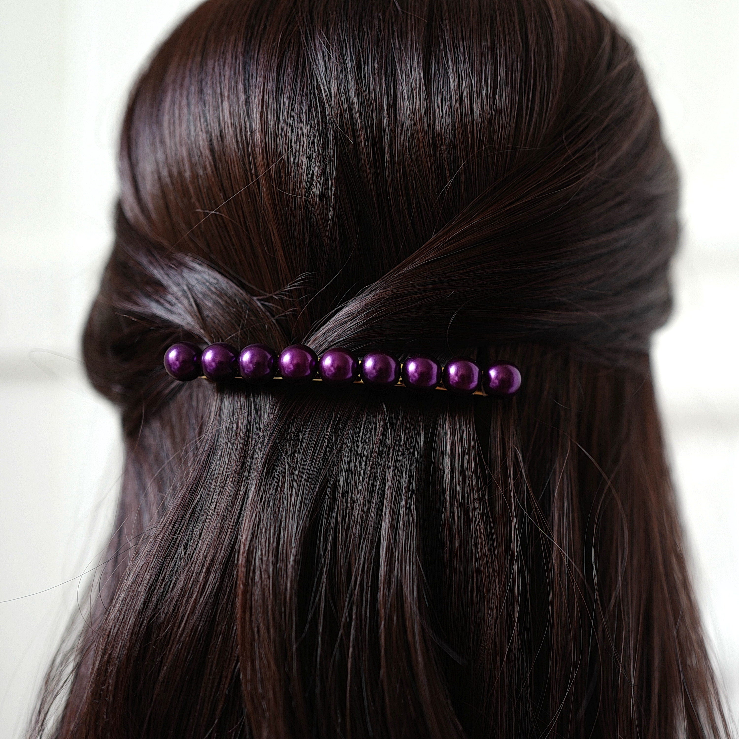 Barrette cheveux 8.5cm perles nacrées violet