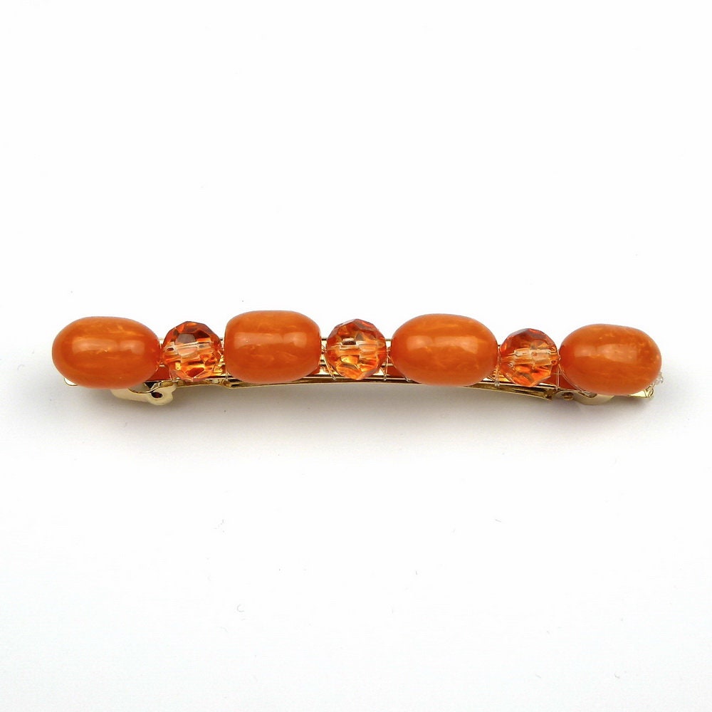 Barrette cheveux 8cm perles orange, cheveux fins