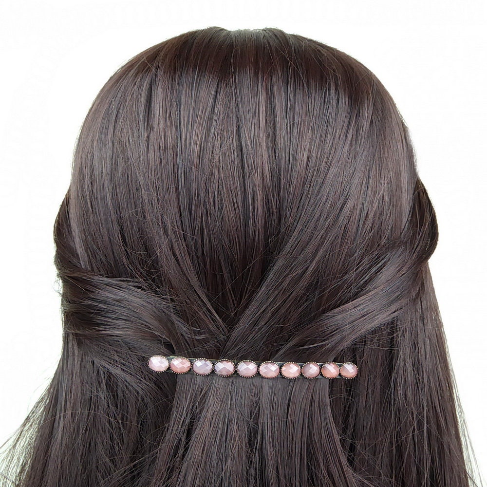 Barrette cheveux avec perles à facette vintage rose 9cm