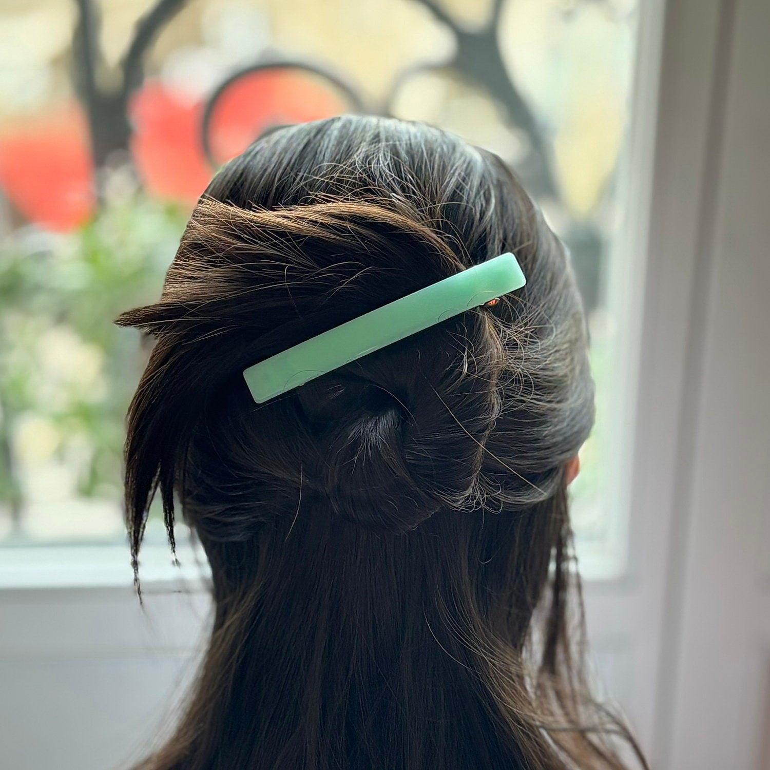 Barrette cheveux rectangulaire acétate 10cm vert eau