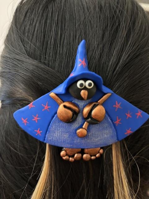 Barrette cheveux originale "sorcière bleue" en pâte polymère, Fabrication Française