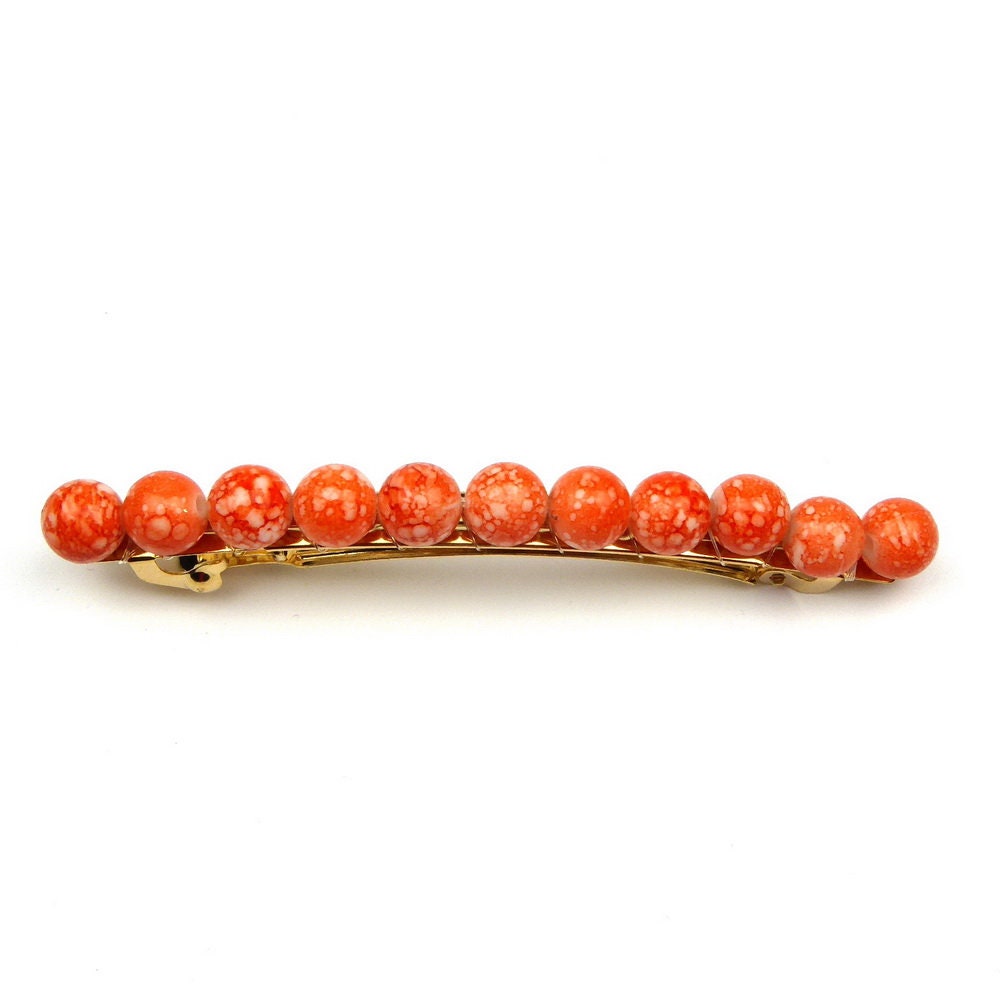 Barrette cheveux 8cm, perles 8mm orange marbré