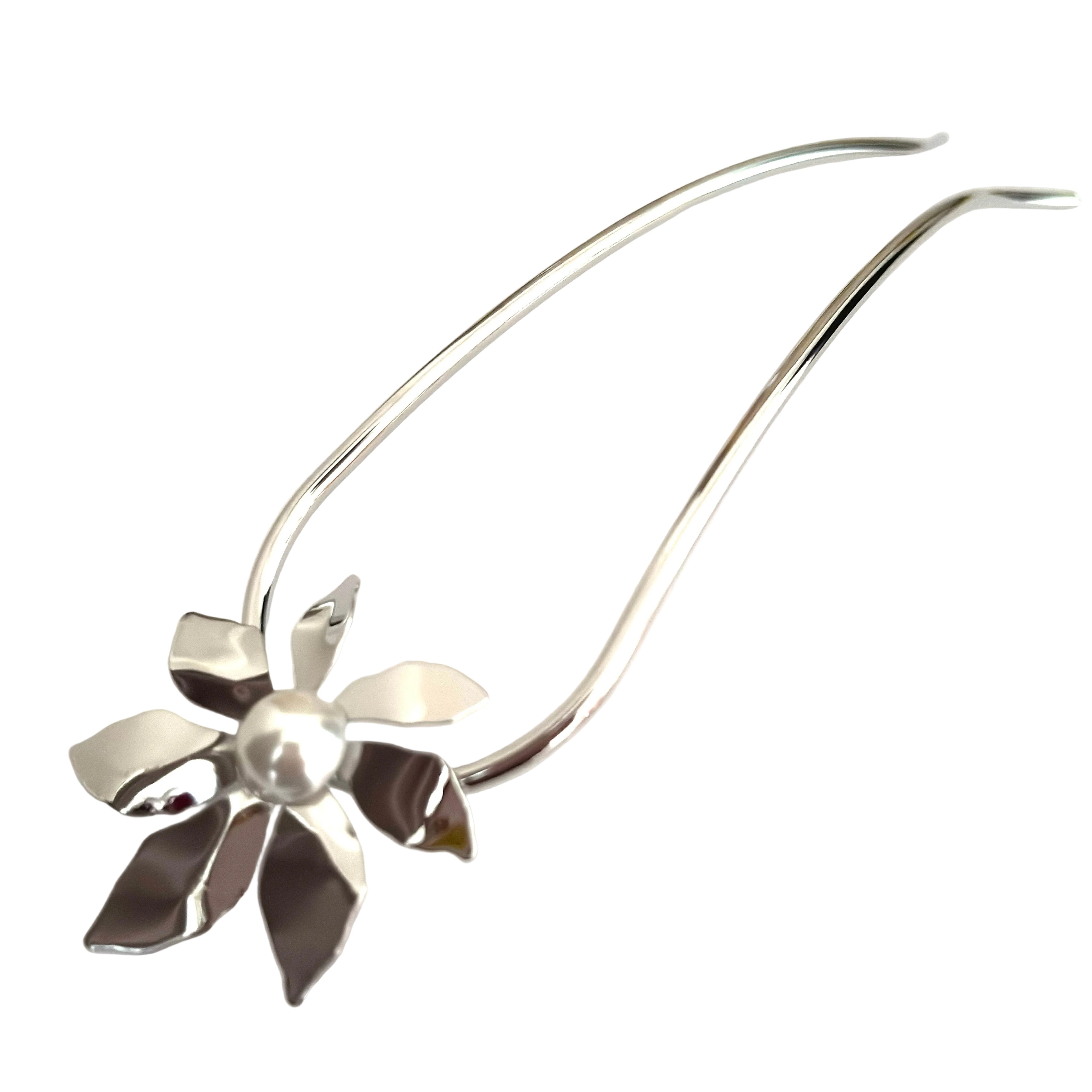 Grand pic à chignon fleur avec perle 14cm argent