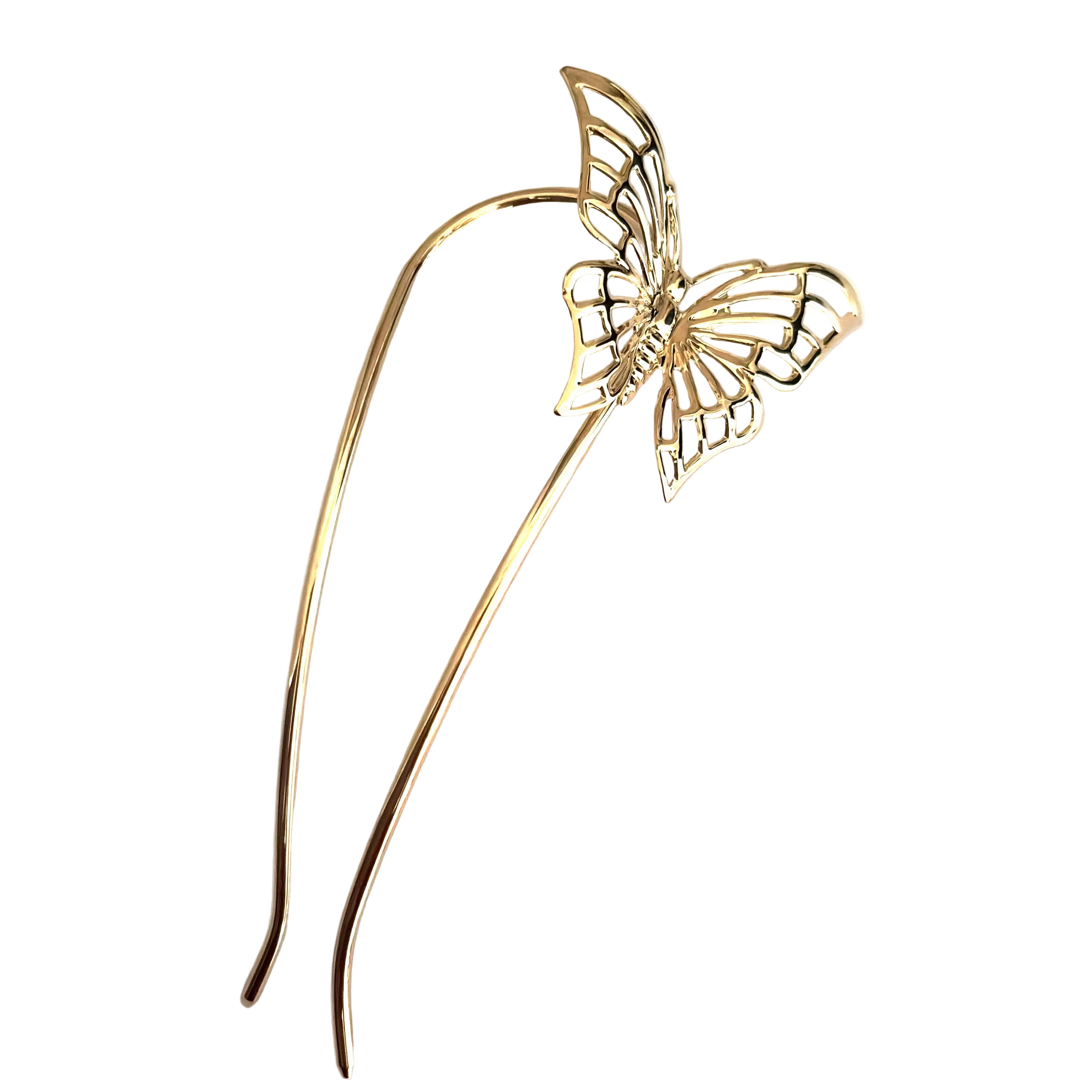 Grand pic à chignon doré papillon 12cm