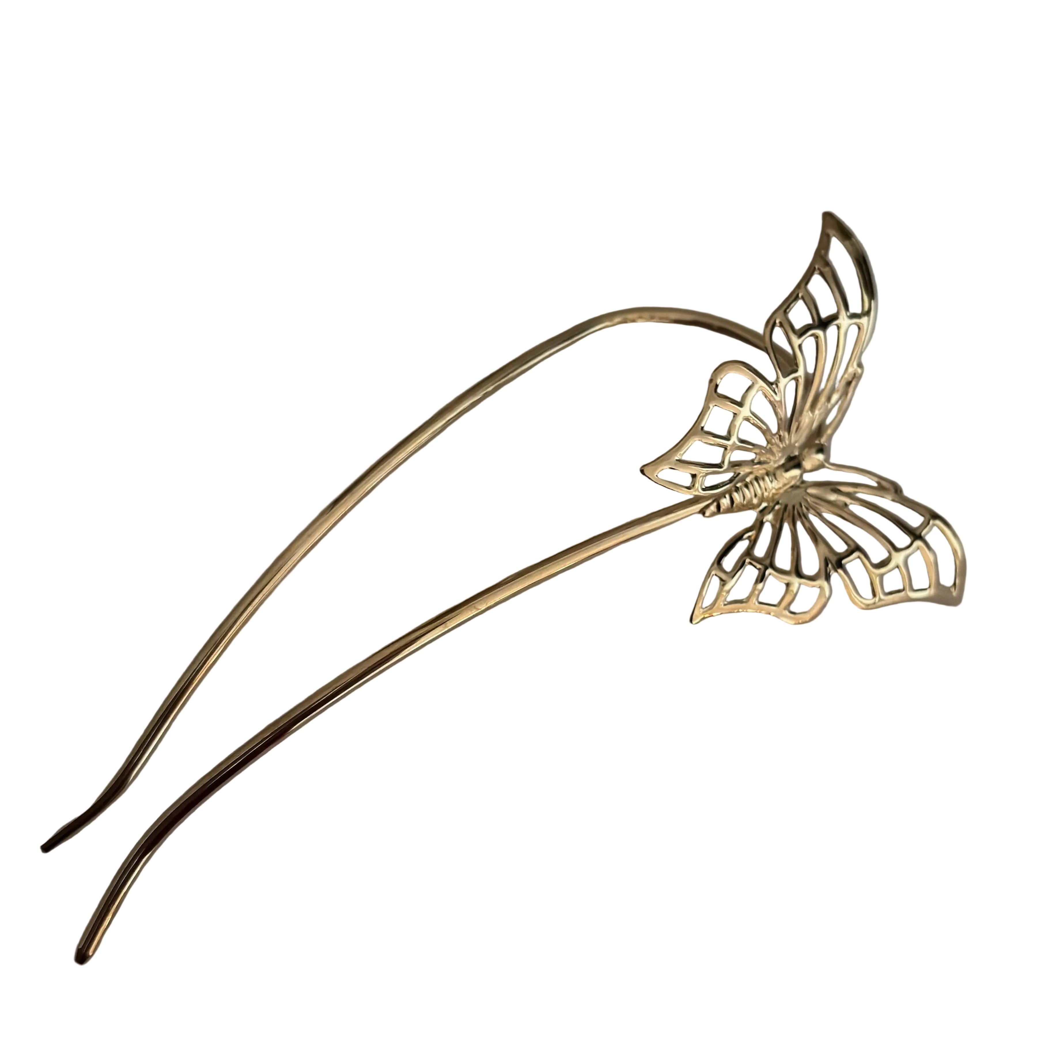 Grand pic à chignon doré papillon 12cm, cérémonie