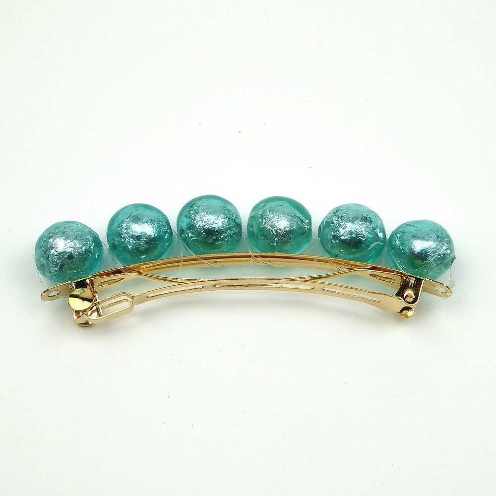 Grande barrette cheveux 9,5cm grosse perle bleu translucide lumineuse